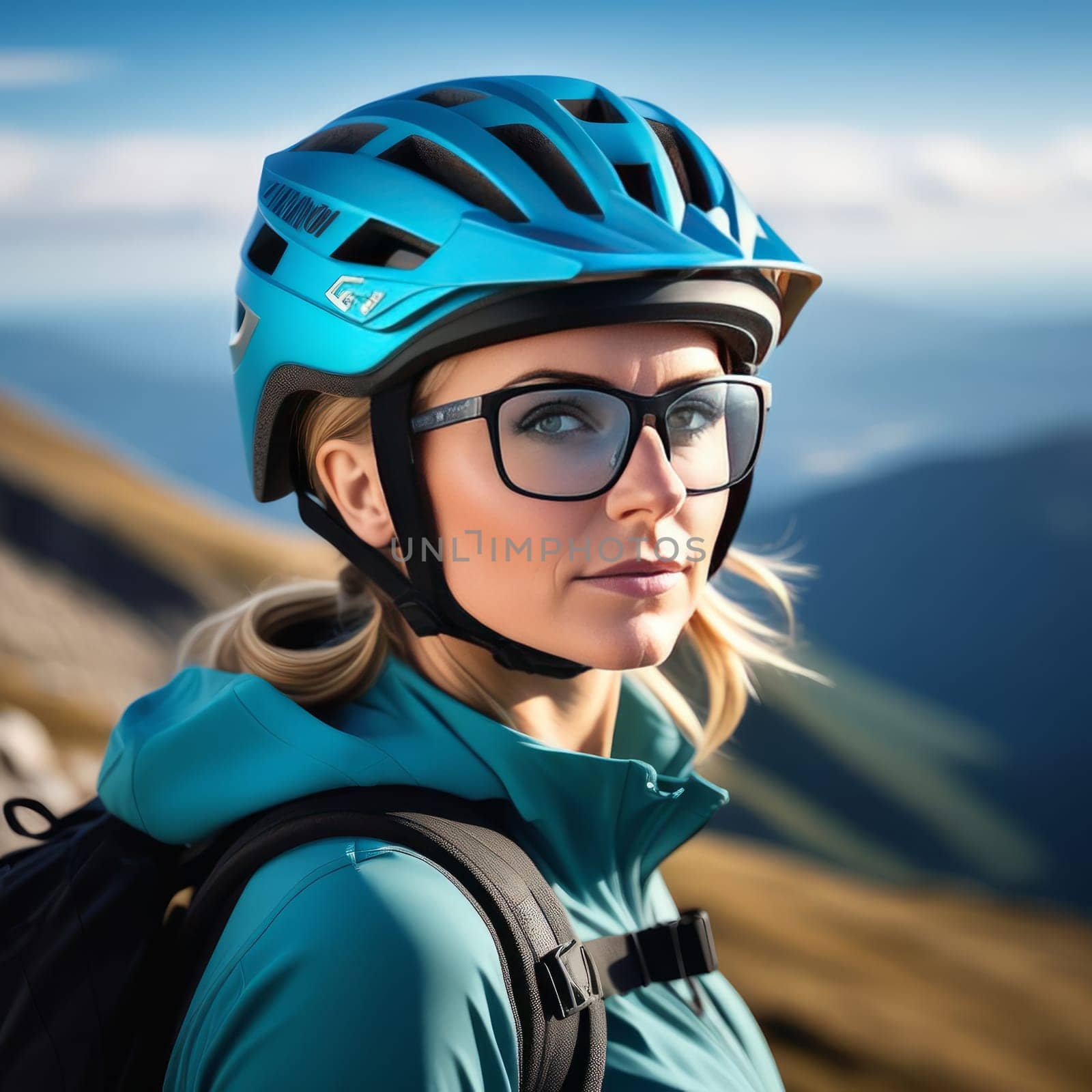 Woman wearing helmet and glasses stands confidently before towering mountain backdrop ready for adventure and exploration. She may be gearing up for bicycle ride or some other outdoor activity