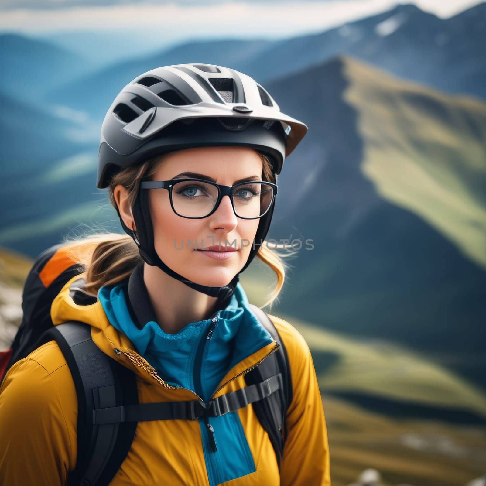Woman wearing helmet and glasses stands confidently before towering mountain backdrop ready for adventure and exploration.She may be gearing up for bicycle ride or some other outdoor activity. by Angelsmoon