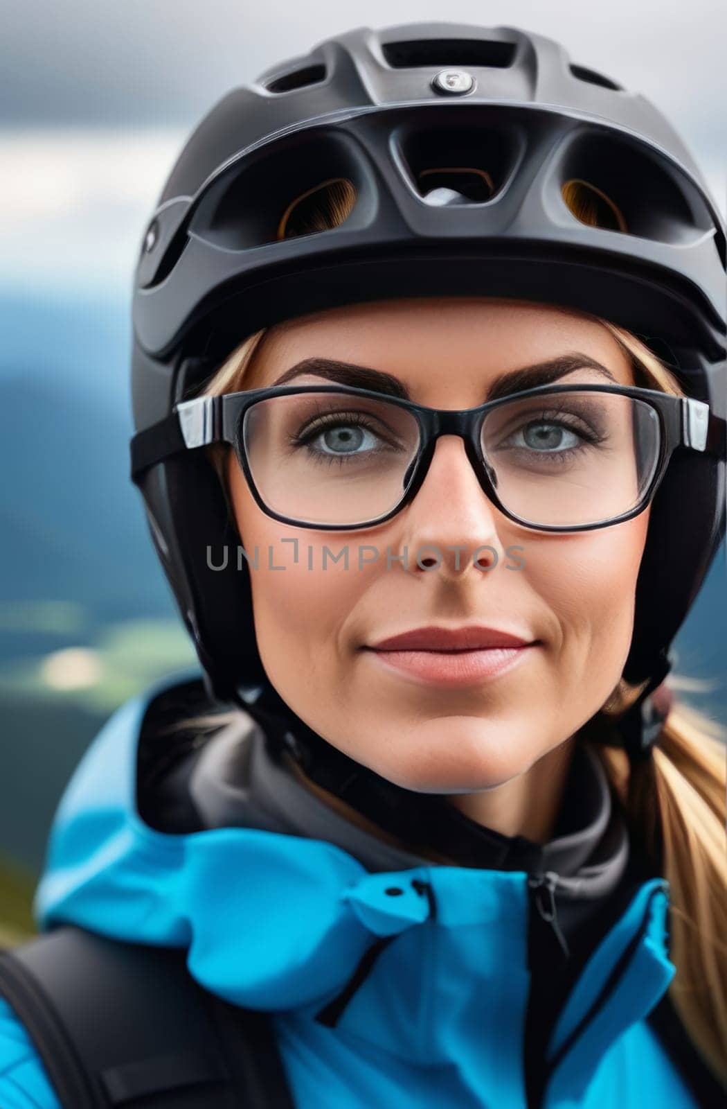 Woman wearing helmet and glasses stands confidently before towering mountain backdrop ready for adventure and exploration. She may be gearing up for bicycle ride or some other outdoor activity