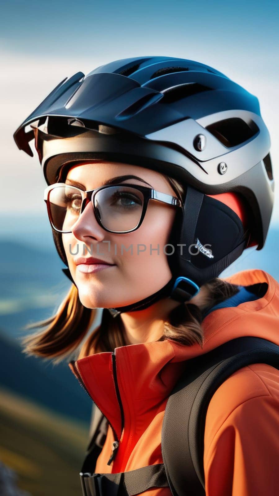 Woman wearing helmet and sunglasses glasses stands confidently before towering mountain backdrop ready for adventure, exploration. She may be gearing up for bicycle ride or some other outdoor activity