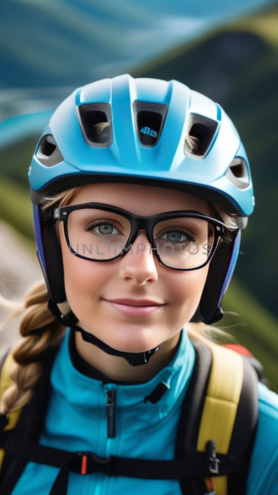 Woman wearing helmet and glasses stands confidently before towering mountain backdrop ready for adventure and exploration. She may be gearing up for bicycle ride or some other outdoor activity