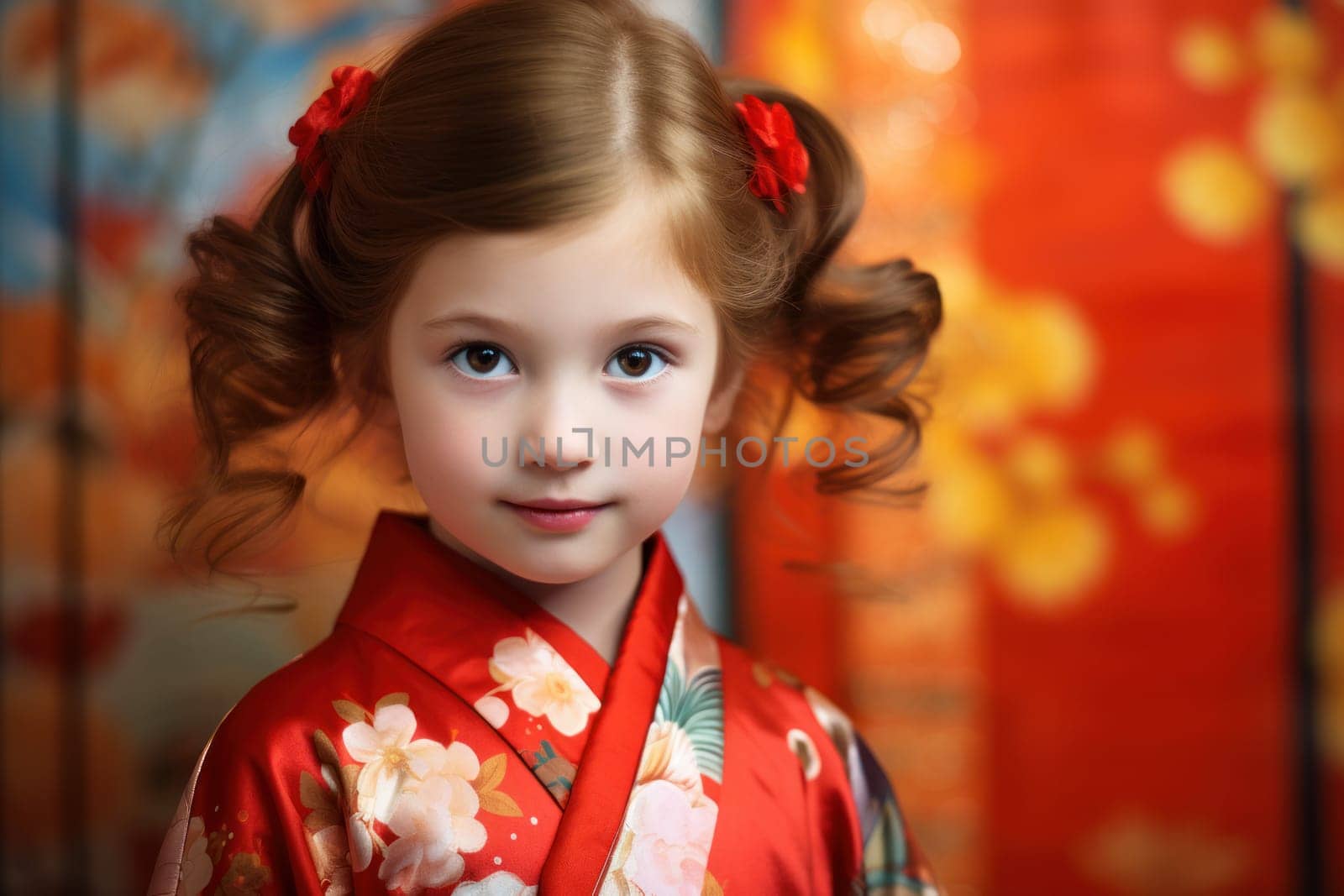 Miniature Little cute girl japanese kimono. Dress style. Generate Ai