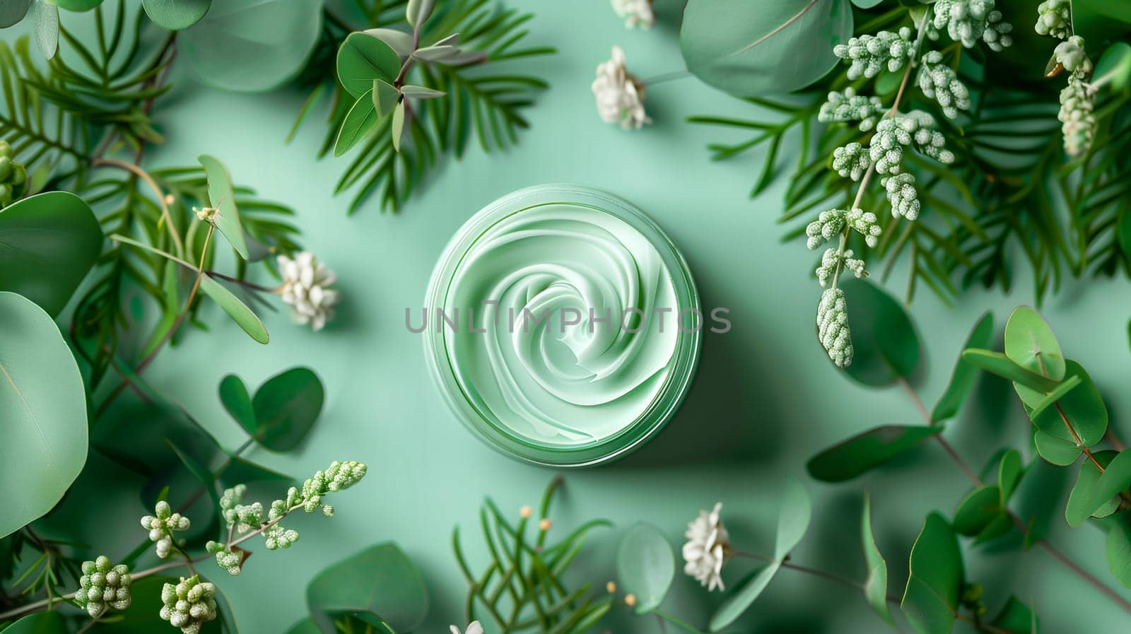 Top View Beauty Cosmetics. Light Green Anti Ageing Cream in Glass Jar with Green Plant Leaves, Monochrome Horizontal. Flatly Herbal Skincare Product. Natural, Sustainable Prebiotic AI Generated.
