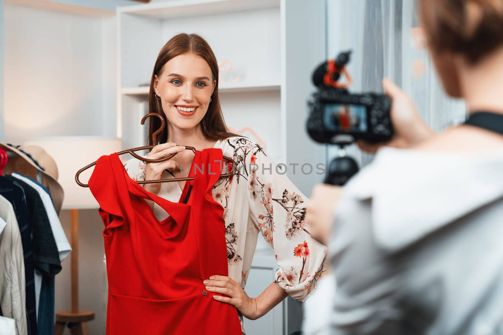 Woman influencer shoot live streaming vlog video review clothes utmost social by biancoblue