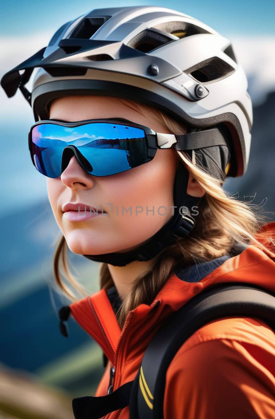 Woman wearing helmet and sunglasses glasses stands confidently before towering mountain backdrop ready for adventure, exploration. She may be gearing up for bicycle ride or some other outdoor activity