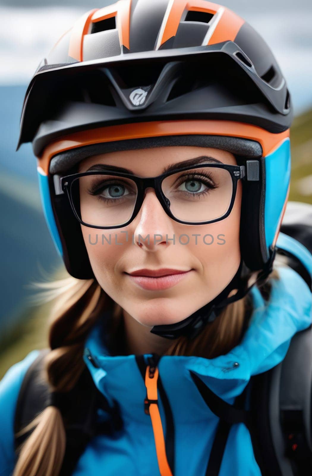 Woman wearing helmet and glasses stands confidently before towering mountain backdrop ready for adventure and exploration. She may be gearing up for bicycle ride or some other outdoor activity