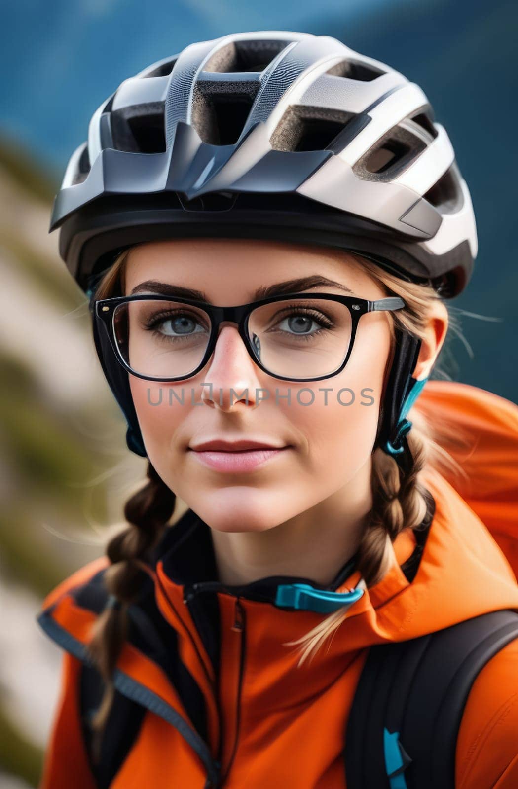 Woman wearing helmet and glasses stands confidently before towering mountain backdrop ready for adventure and exploration. She may be gearing up for bicycle ride or some other outdoor activity