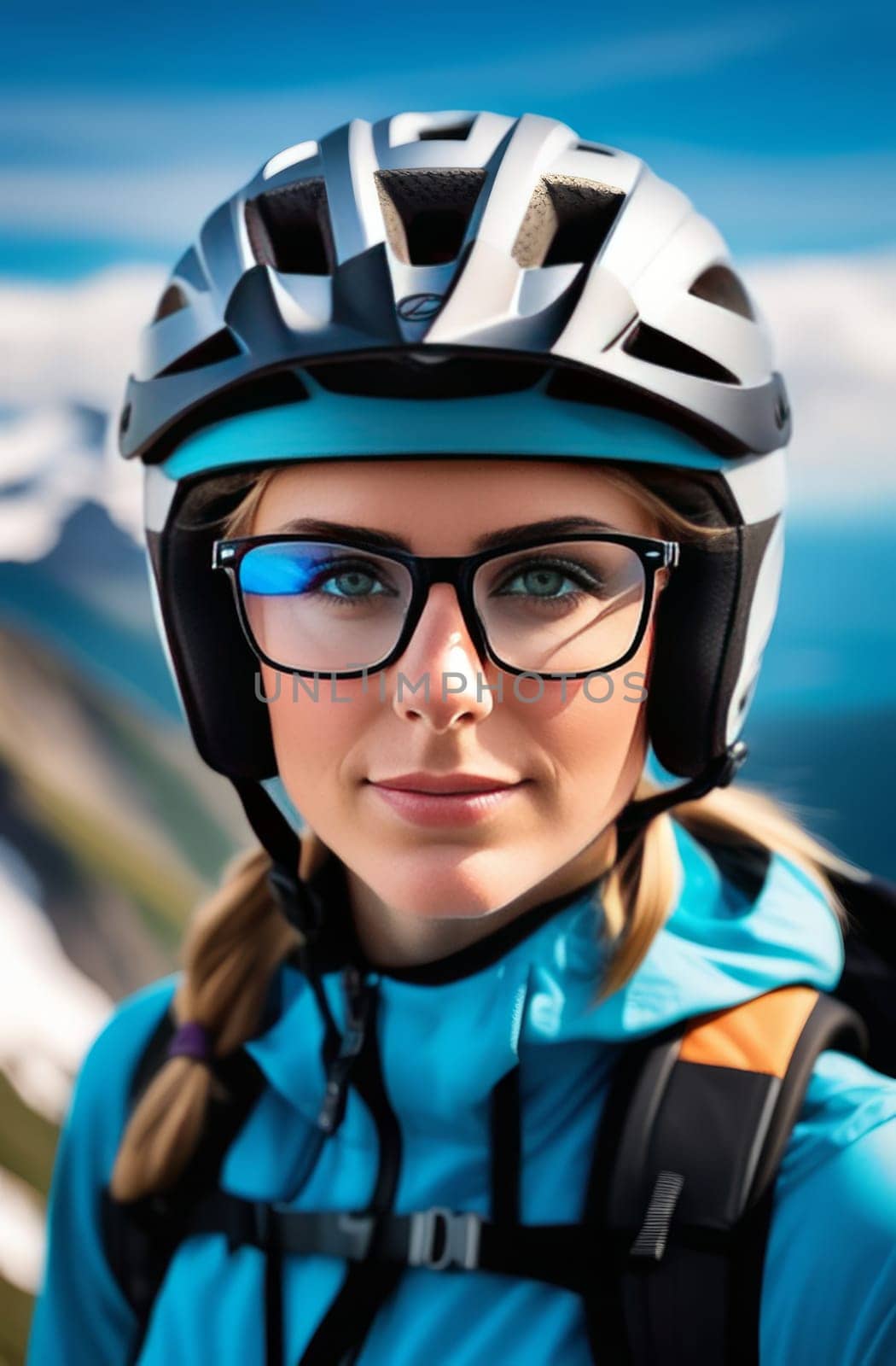 Woman wearing helmet and glasses stands confidently before towering mountain backdrop ready for adventure and exploration. She may be gearing up for bicycle ride or some other outdoor activity