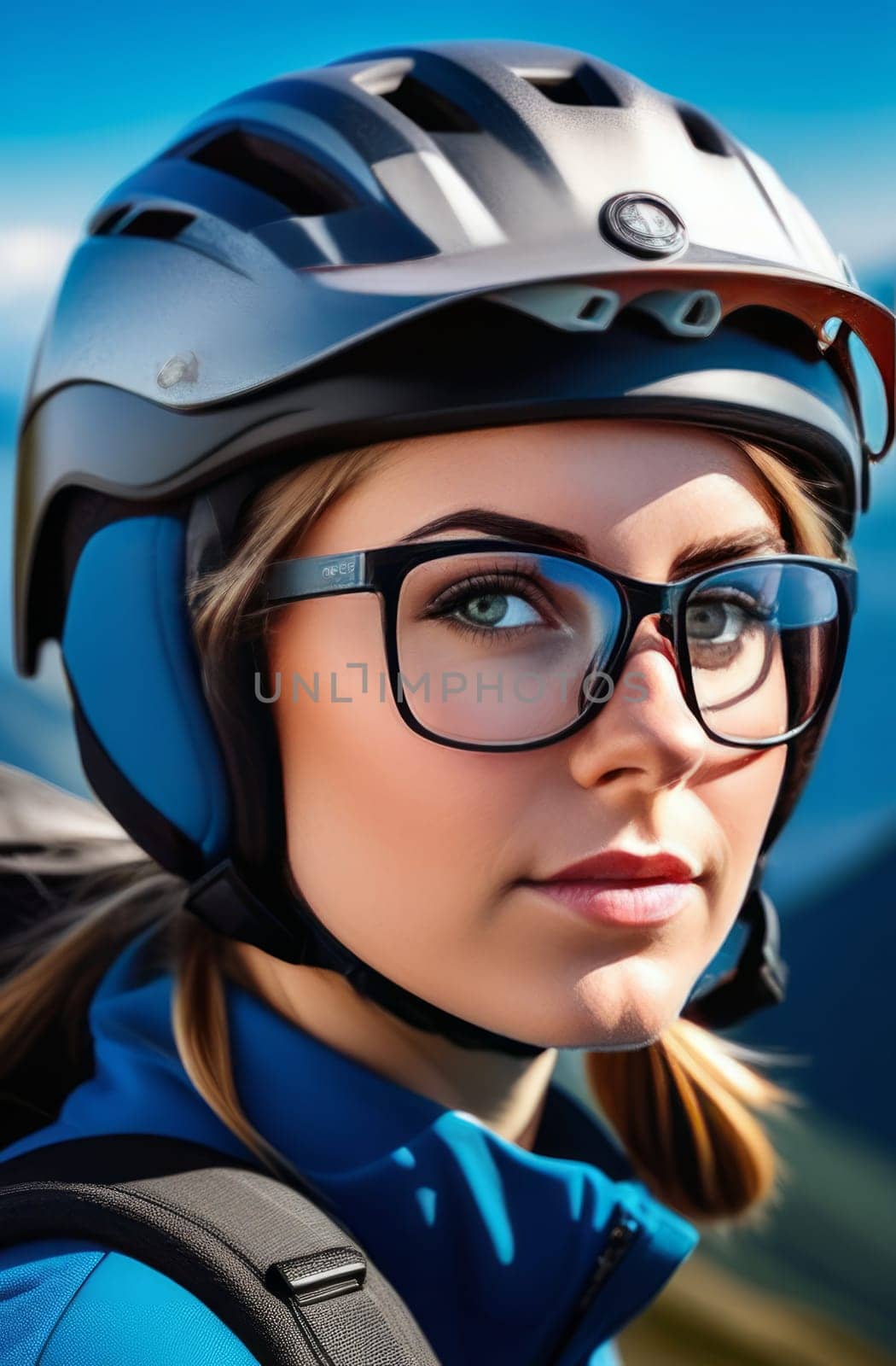 Woman wearing helmet and glasses stands confidently before towering mountain backdrop ready for adventure and exploration. She may be gearing up for bicycle ride or some other outdoor activity