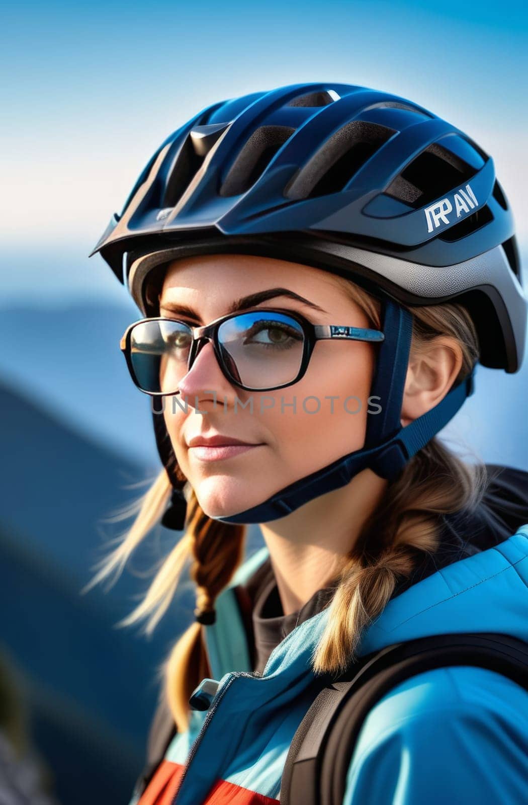 Woman wearing helmet and glasses stands confidently before towering mountain backdrop ready for adventure and exploration. She may be gearing up for bicycle ride or some other outdoor activity