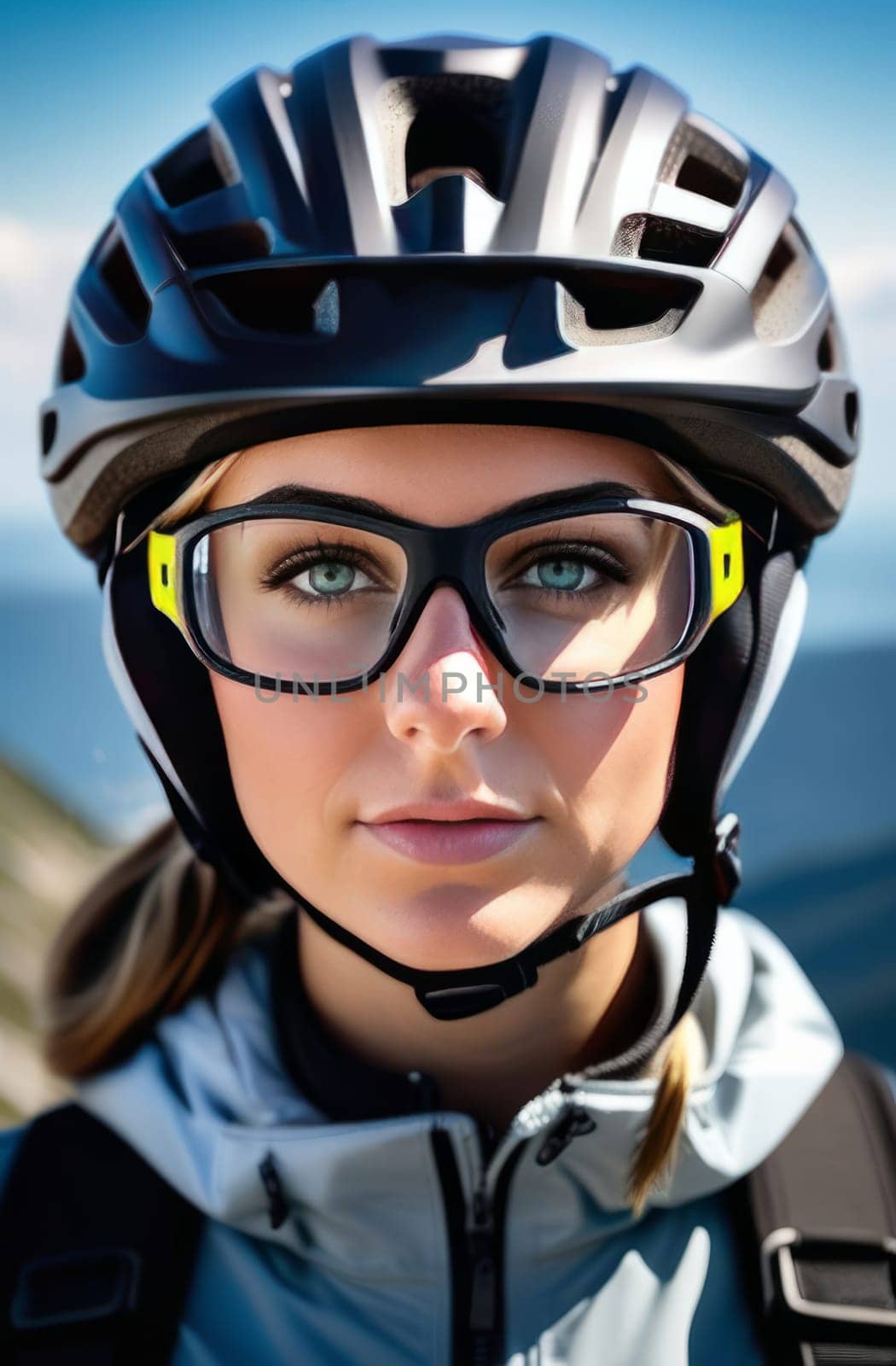 Woman wearing helmet and glasses stands confidently before towering mountain backdrop ready for adventure and exploration. She may be gearing up for bicycle ride or some other outdoor activity