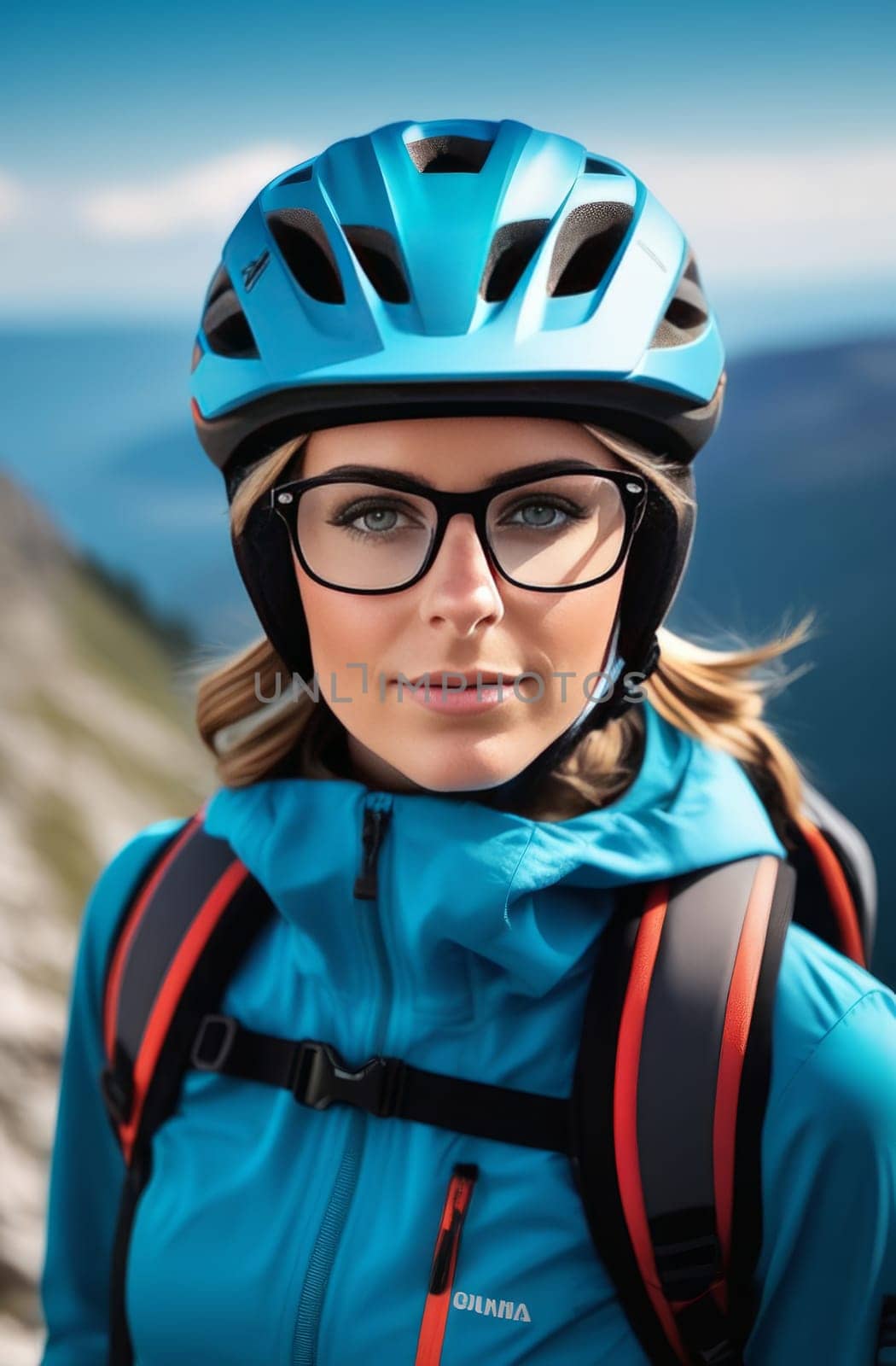 Woman wearing helmet and glasses stands confidently before towering mountain backdrop ready for adventure and exploration. She may be gearing up for bicycle ride or some other outdoor activity