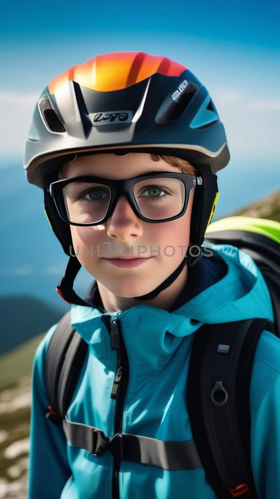 Young boy wearing helmet and glasses stands confidently before towering mountain backdrop ready for adventure and exploration. He may be gearing up for bicycle ride or some other outdoor activity