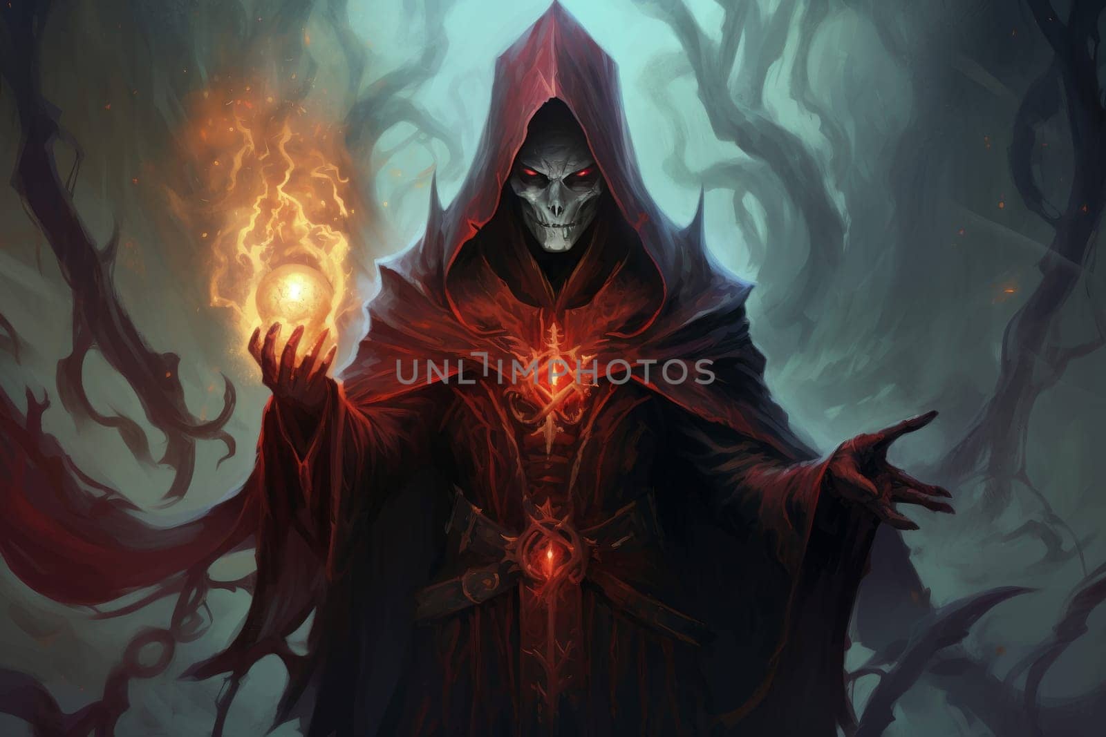 Mysterious Mage necromancer red fire. Nails devil. Generate Ai