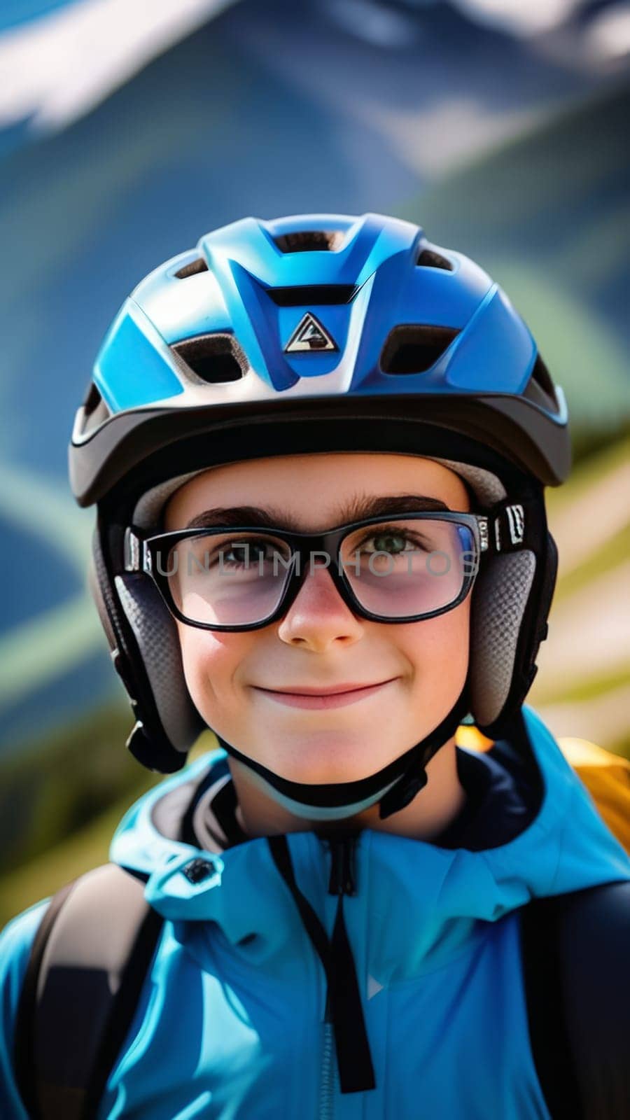 Young boy wearing helmet and glasses stands confidently before towering mountain backdrop ready for adventure and exploration. He may be gearing up for bicycle ride or some other outdoor activity