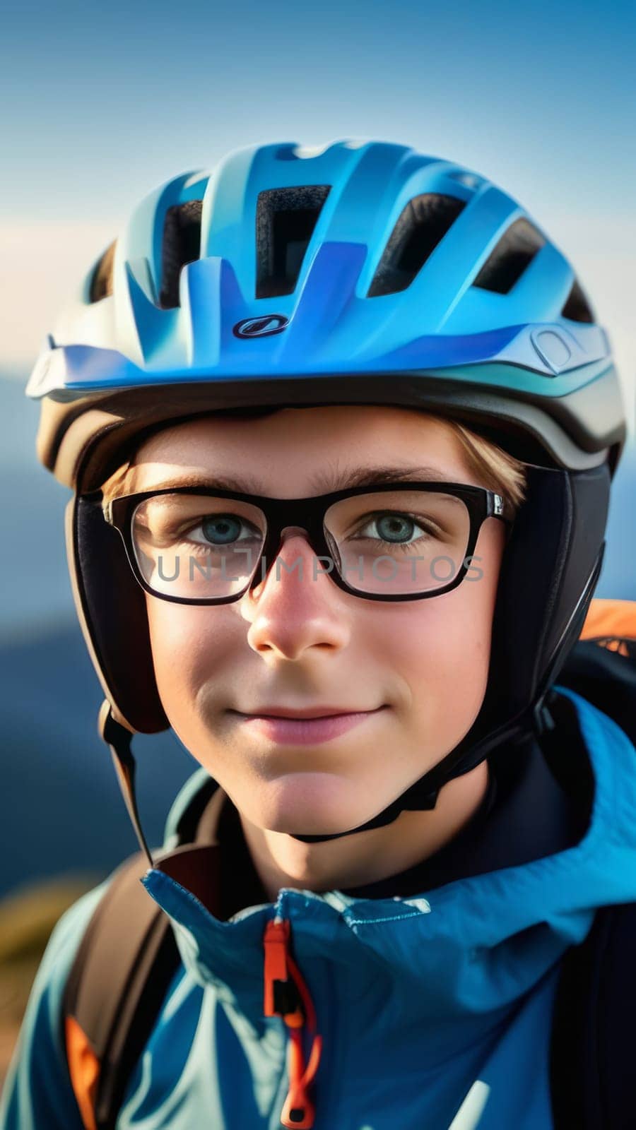Young boy wearing helmet and glasses stands confidently before towering mountain backdrop ready for adventure and exploration. He may be gearing up for bicycle ride or some other outdoor activity