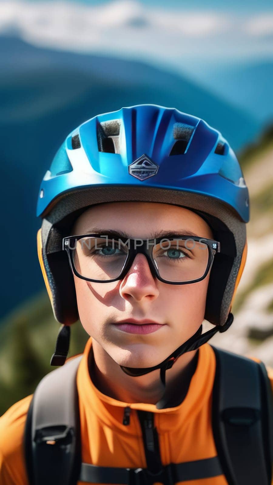 Young boy wearing helmet and glasses stands confidently before towering mountain backdrop ready for adventure and exploration. He may be gearing up for bicycle ride or some other outdoor activity