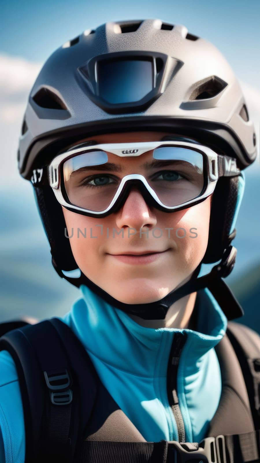 Young boy wearing helmet and sunglasses glasses stands confidently before towering mountain backdrop ready for adventure, exploration. He may be gearing up for bicycle ride, other outdoor activity