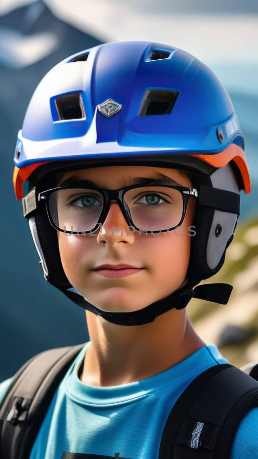 Young boy wearing helmet and glasses stands confidently before towering mountain backdrop ready for adventure and exploration. He may be gearing up for bicycle ride or some other outdoor activity