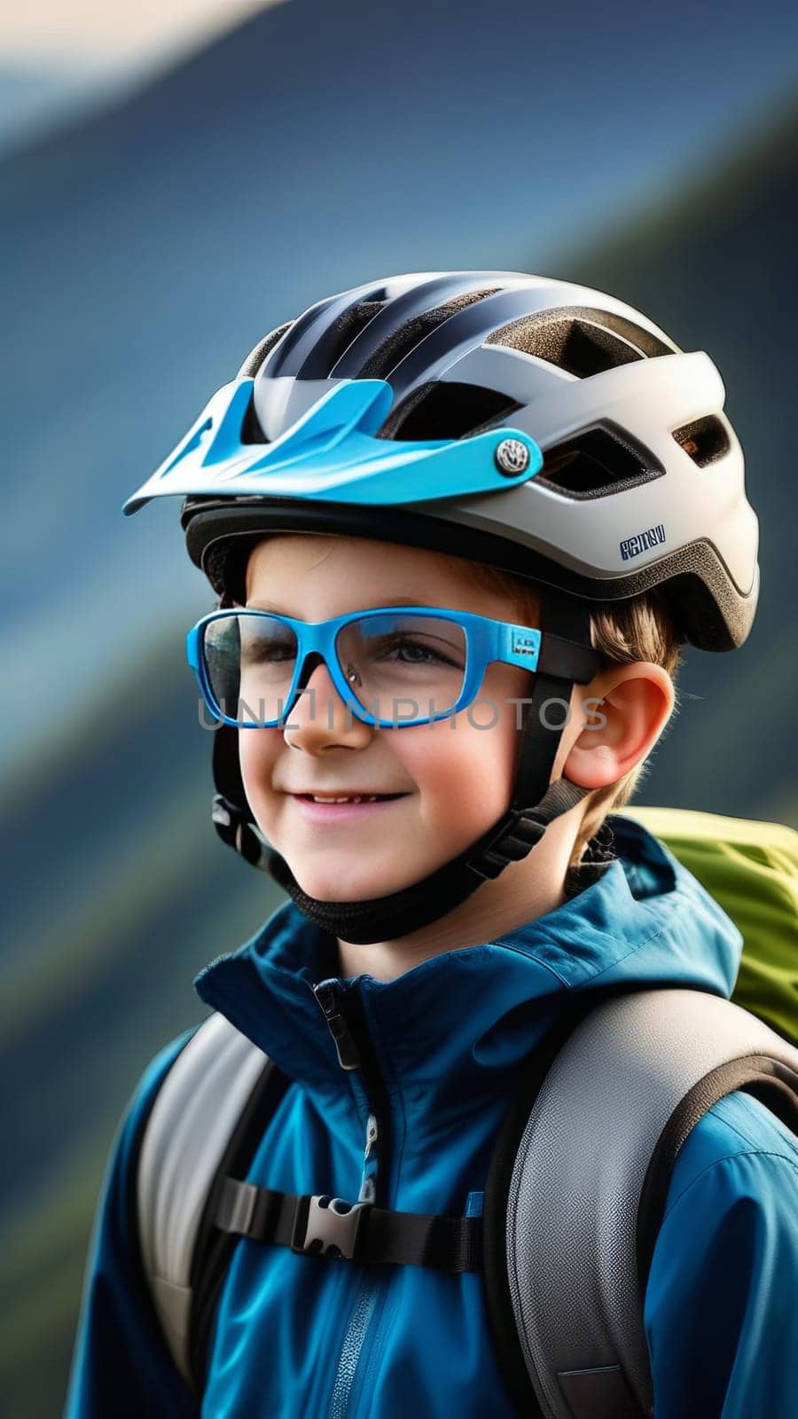 Young boy wearing helmet and glasses stands confidently before towering mountain backdrop ready for adventure and exploration. He may be gearing up for bicycle ride or some other outdoor activity
