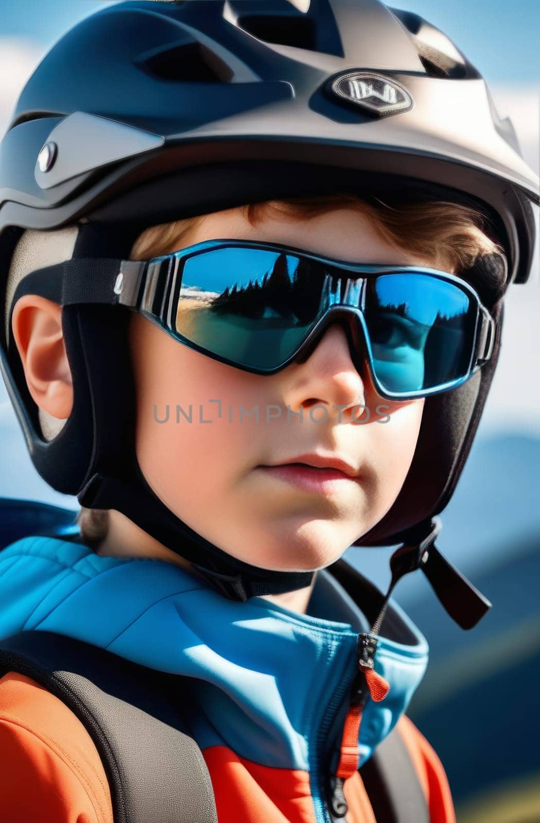 Young boy wearing helmet and sunglasses glasses stands confidently before towering mountain backdrop ready for adventure, exploration. He may be gearing up for bicycle ride, other outdoor activity