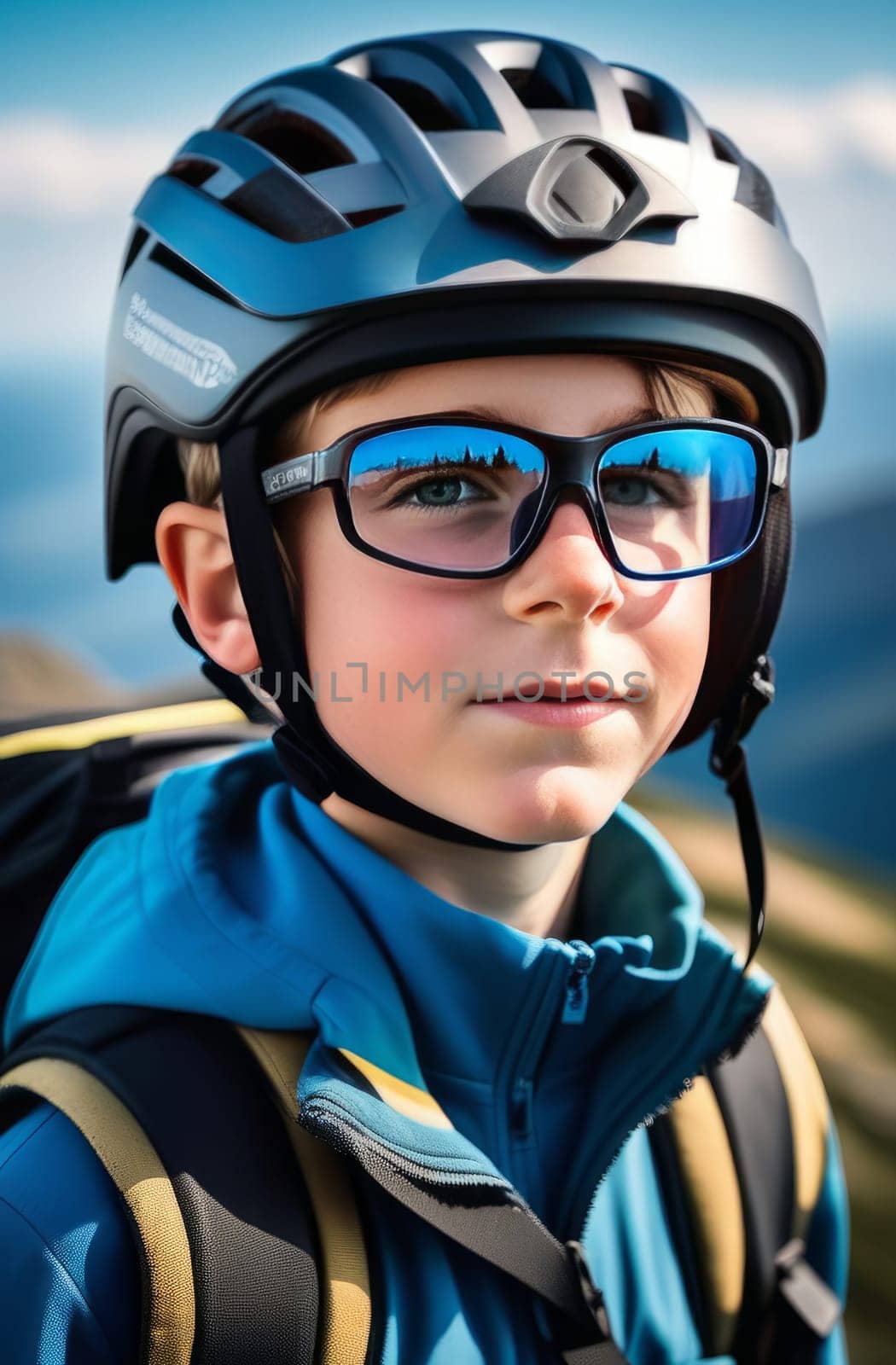 Young boy wearing helmet and glasses stands confidently before towering mountain backdrop ready for adventure and exploration. He may be gearing up for bicycle ride or some other outdoor activity