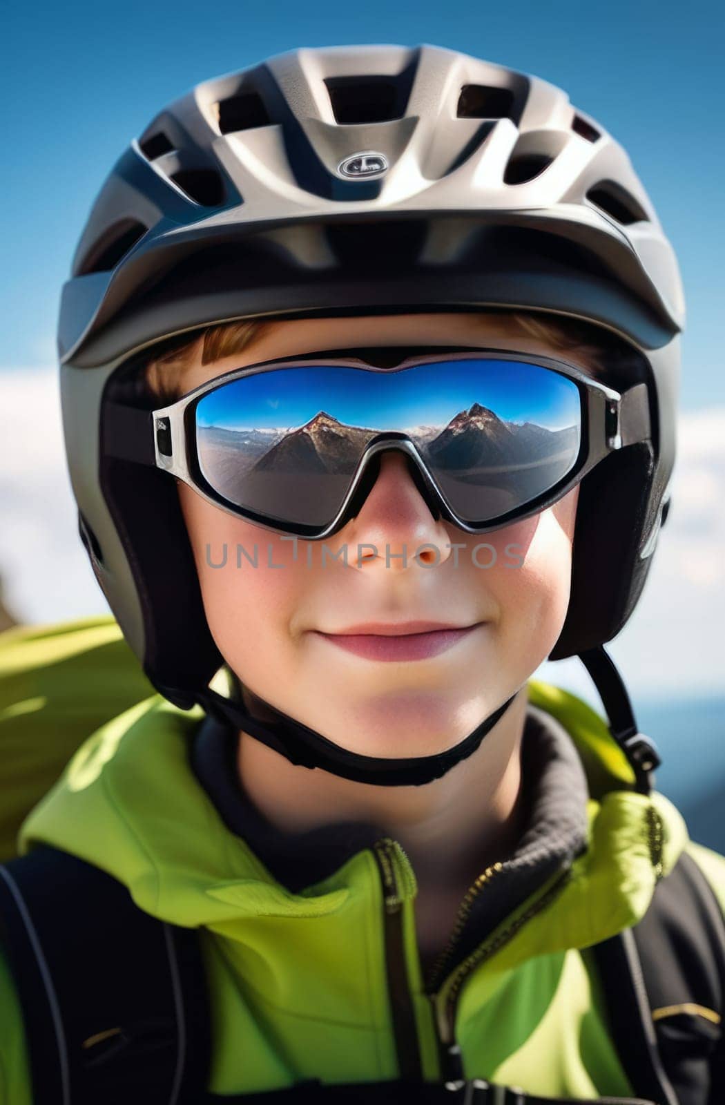 Young boy wearing helmet and sunglasses glasses stands confidently before towering mountain backdrop ready for adventure, exploration. He may be gearing up for bicycle ride, other outdoor activity