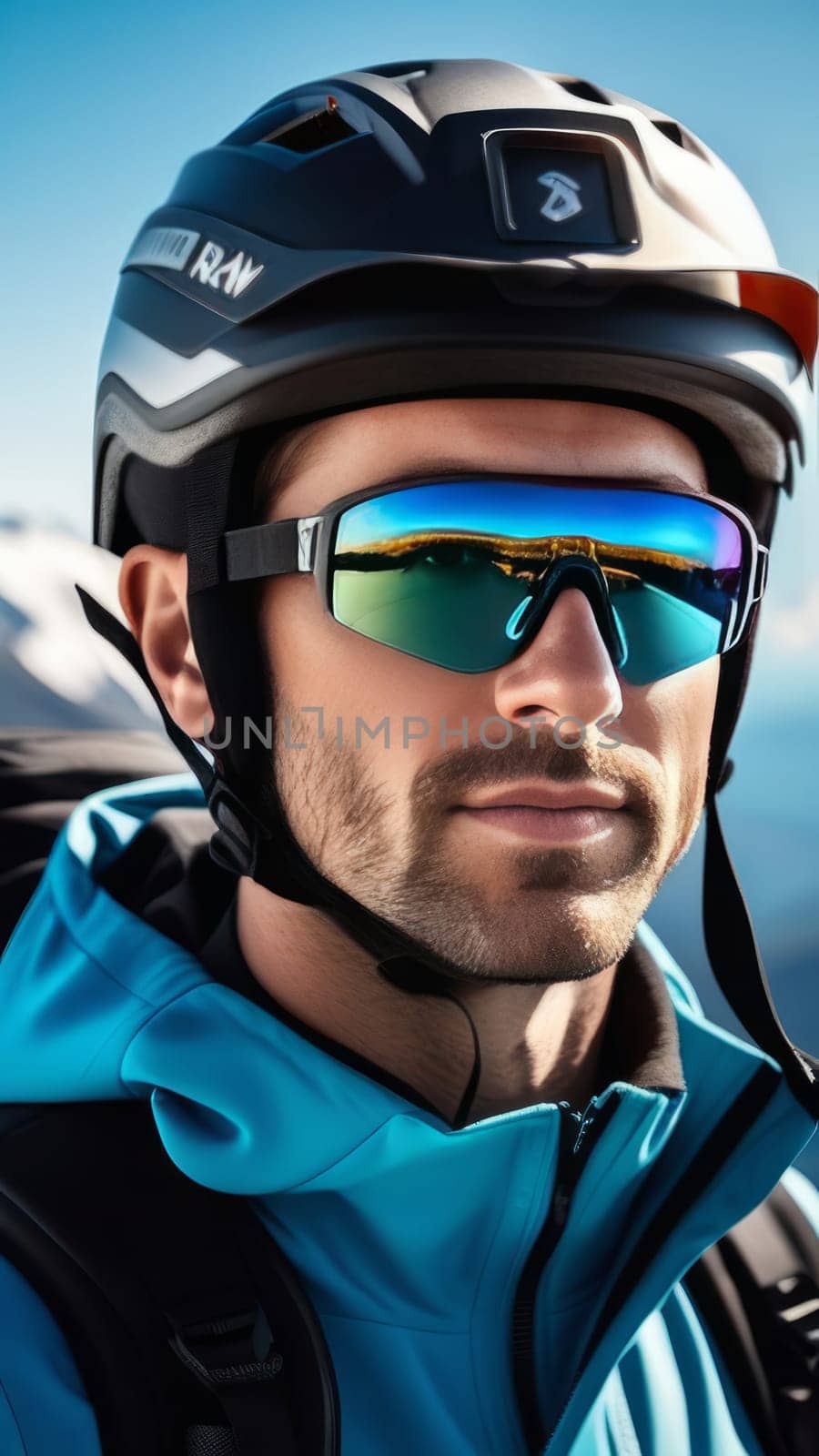 Man wearing helmet and sunglasses glasses stands confidently before towering mountain backdrop ready for adventure, exploration. He may be gearing up for bicycle ride, some other outdoor activity