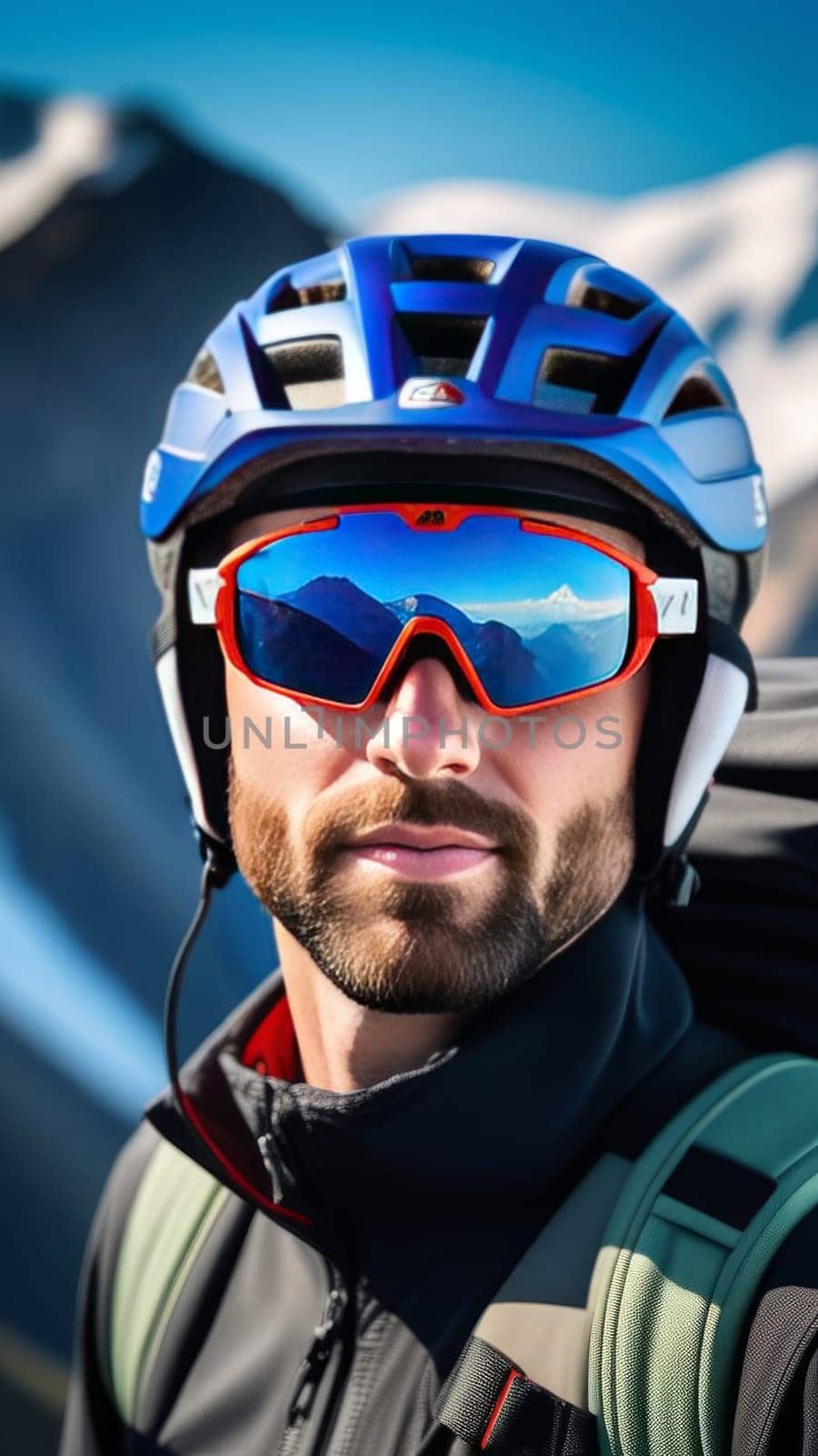 Man wearing helmet and sunglasses glasses stands confidently before towering mountain backdrop ready for adventure, exploration. He may be gearing up for bicycle ride, some other outdoor activity