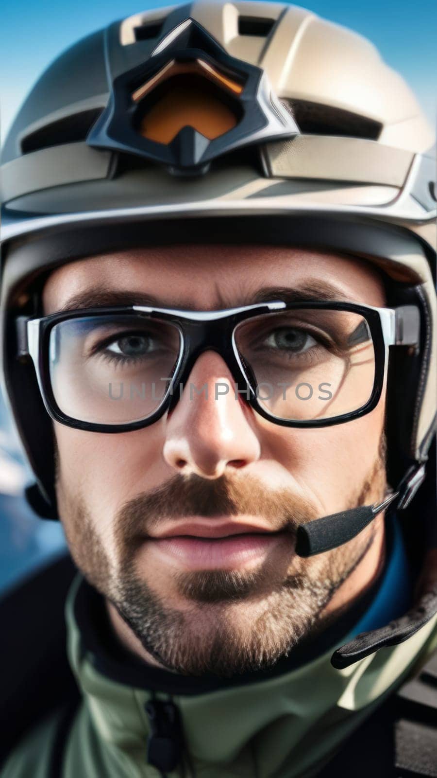 Man wearing helmet and glasses stands confidently before towering mountain backdrop ready for adventure and exploration. He may be gearing up for bicycle ride or some other outdoor activity