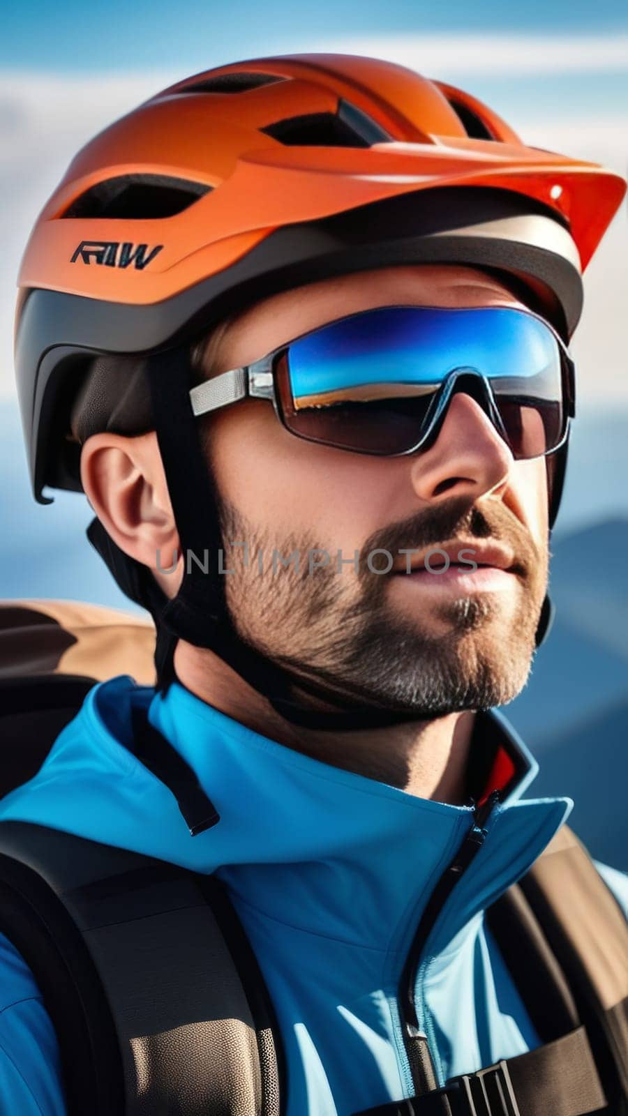 Man wearing helmet and sunglasses glasses stands confidently before towering mountain backdrop ready for adventure, exploration. He may be gearing up for bicycle ride, some other outdoor activity