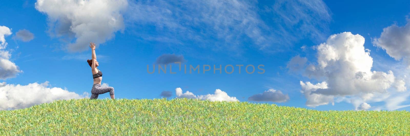 Harmony with Nature: Woman Practicing Yoga in Lush Green Field Under Blue Sky by Juanjo39
