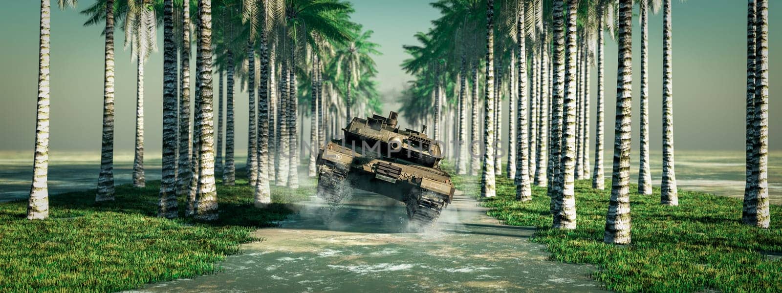 Armored Military Tank Advancing Through a Serene Palm Grove by Juanjo39