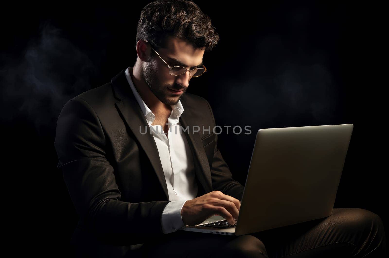 Sophisticated Man glasses laptop. Work person. Generate Ai