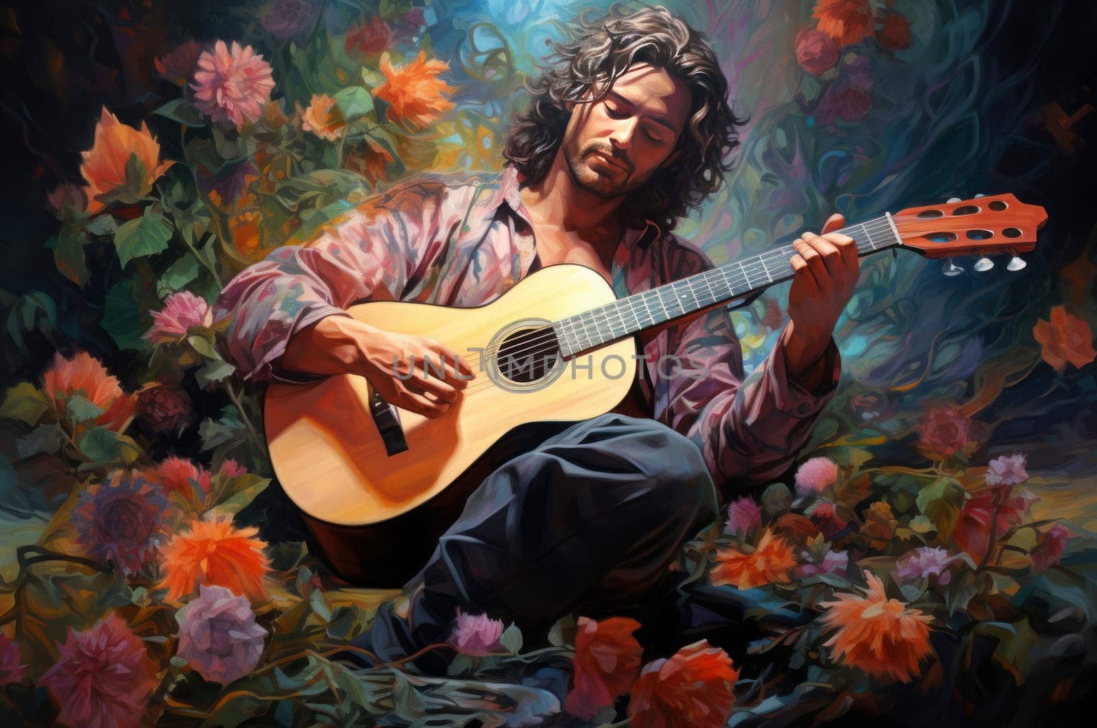 Romantic Man guitar roses garden. Music love. Generate Ai