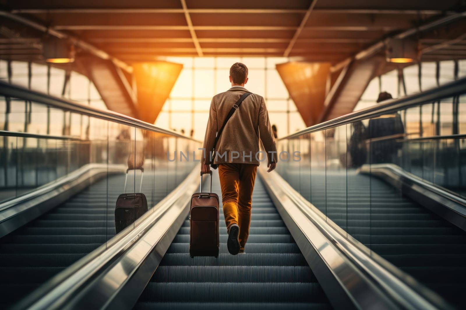 Mobile Man luggage escalator. Suitcase bag. Generate AI