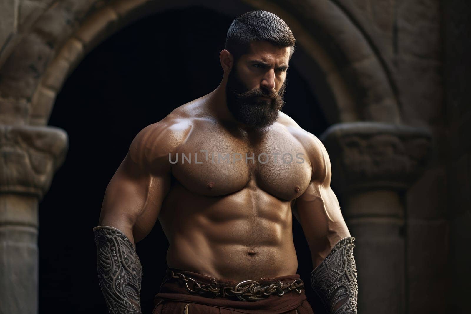 Chiseled Man muscular medieval photo shot. Beard person. Generate Ai