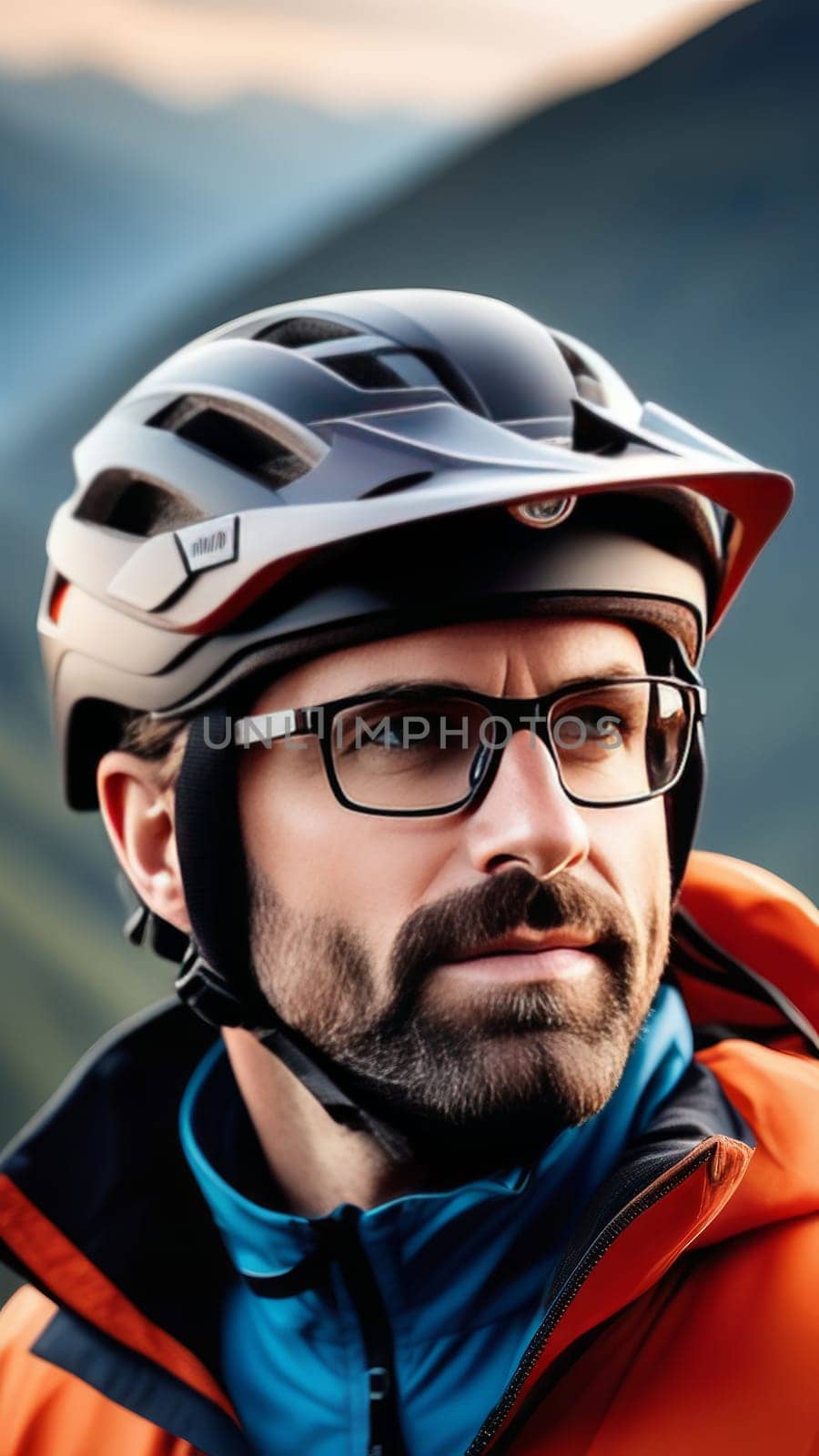 Man wearing helmet and glasses stands confidently before towering mountain backdrop ready for adventure and exploration. He may be gearing up for bicycle ride or some other outdoor activity