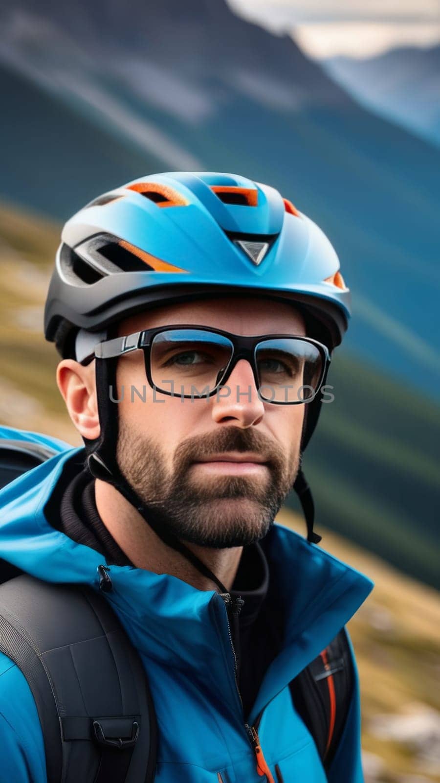 Man wearing helmet and glasses stands confidently before towering mountain backdrop ready for adventure and exploration. He may be gearing up for bicycle ride or some other outdoor activity