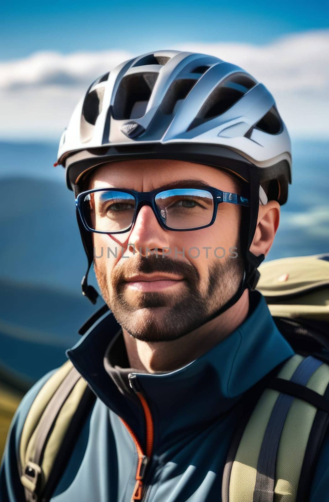 Man wearing helmet and glasses stands confidently before towering mountain backdrop ready for adventure and exploration. He may be gearing up for bicycle ride or some other outdoor activity