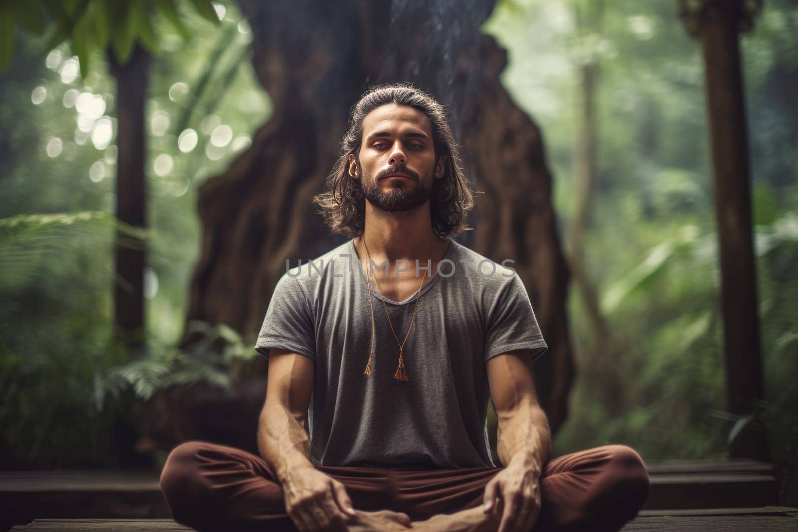 Introspective Man sitting meditate in nature. Generate Ai by ylivdesign