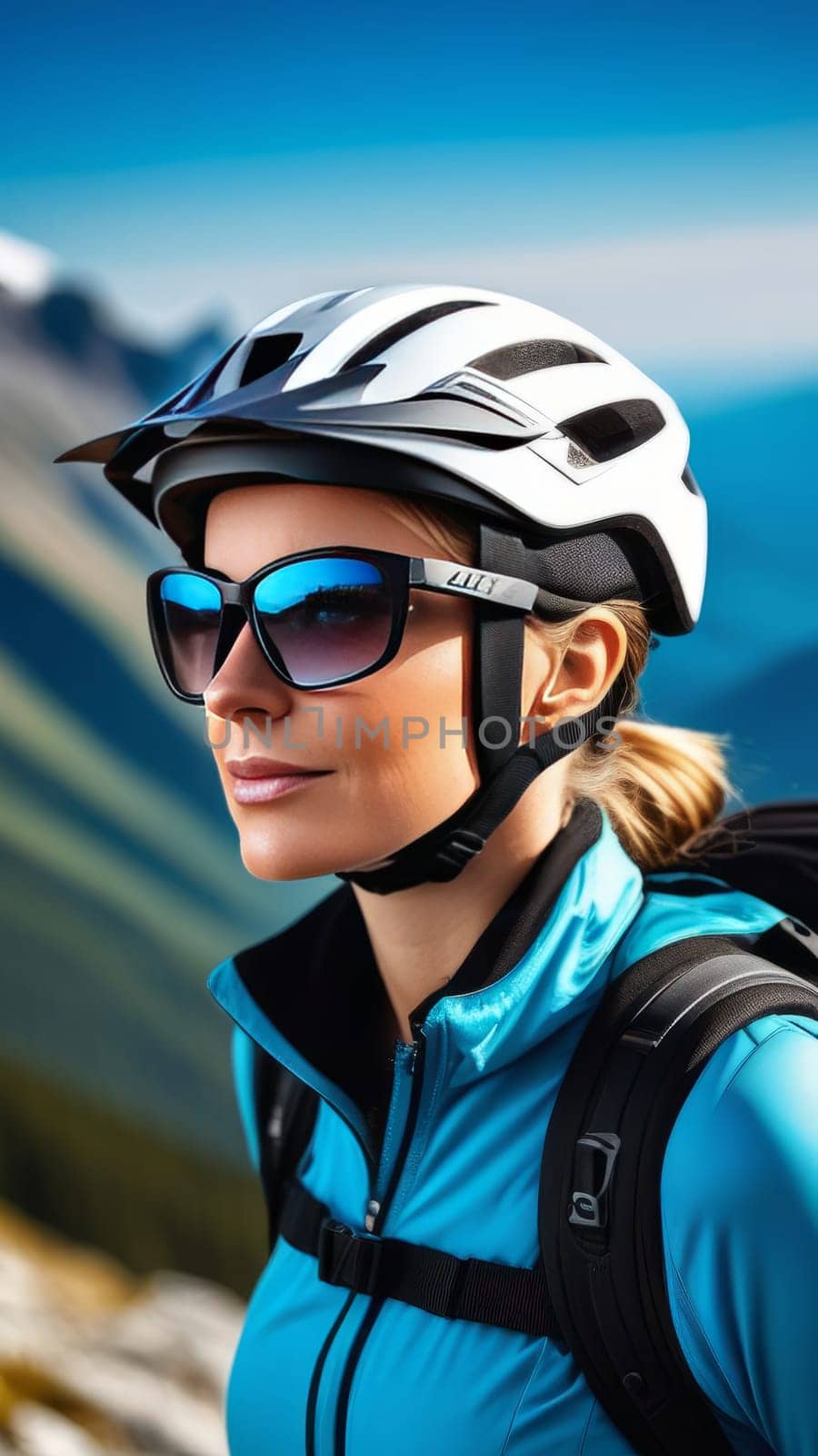 Woman wearing helmet and sunglasses glasses stands confidently before towering mountain backdrop ready for adventure, exploration. She may be gearing up for bicycle ride or some other outdoor activity