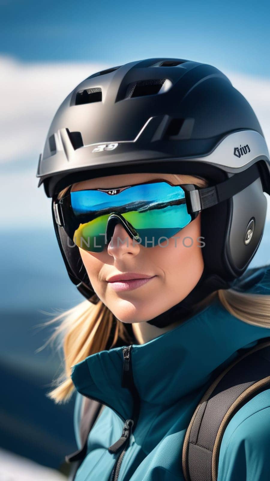 Woman wearing helmet and sunglasses glasses stands confidently before towering mountain backdrop ready for adventure, exploration. She may be gearing up for bicycle ride or some other outdoor activity