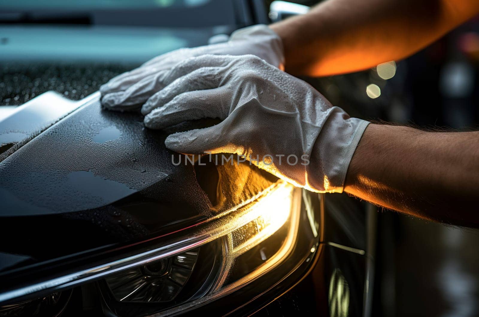 Diligent Man washing car headlight with rag closeup. Vehicle waxing shiny clean care. Generate Ai