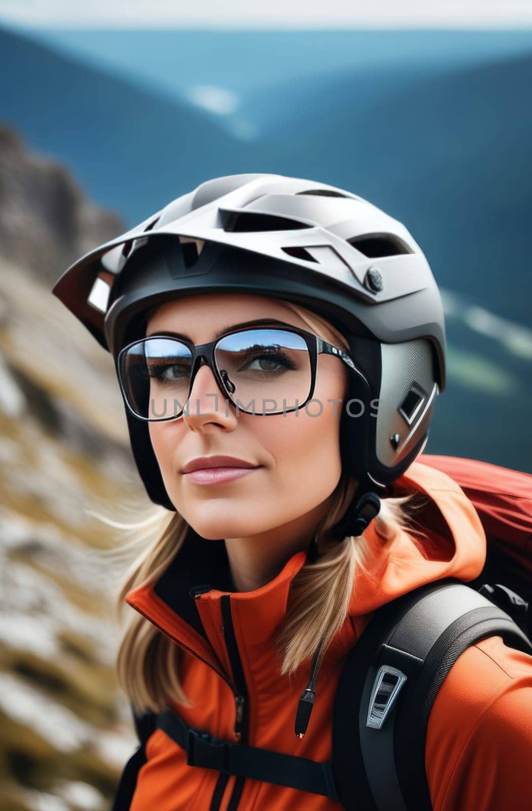 Woman wearing helmet and sunglasses glasses stands confidently before towering mountain backdrop ready for adventure, exploration. She may be gearing up for bicycle ride or some other outdoor activity