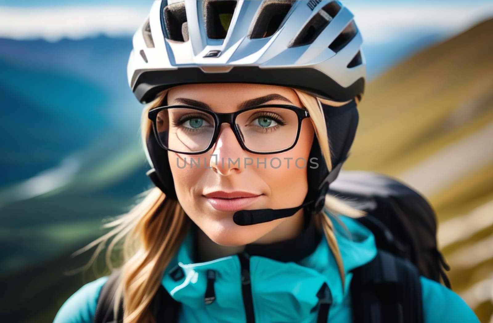 Woman wearing helmet and glasses stands confidently before towering mountain backdrop ready for adventure and exploration. She may be gearing up for bicycle ride or some other outdoor activity