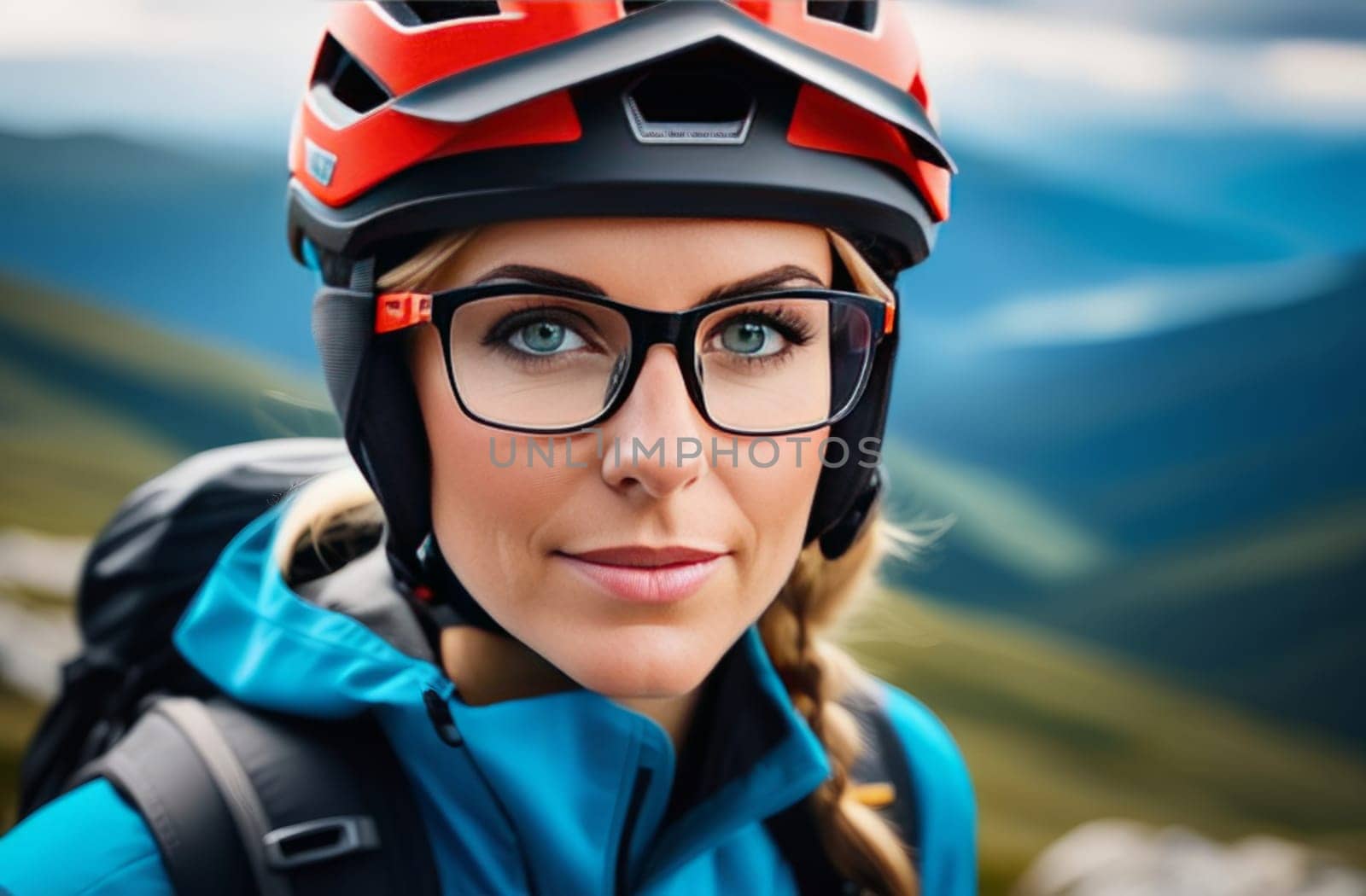 Woman wearing helmet and glasses stands confidently before towering mountain backdrop ready for adventure and exploration. She may be gearing up for bicycle ride or some other outdoor activity