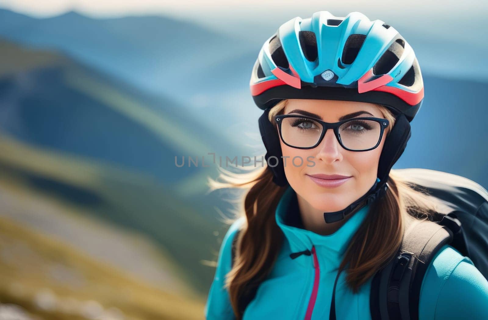 Woman wearing helmet and glasses stands confidently before towering mountain backdrop ready for adventure and exploration. She may be gearing up for bicycle ride or some other outdoor activity