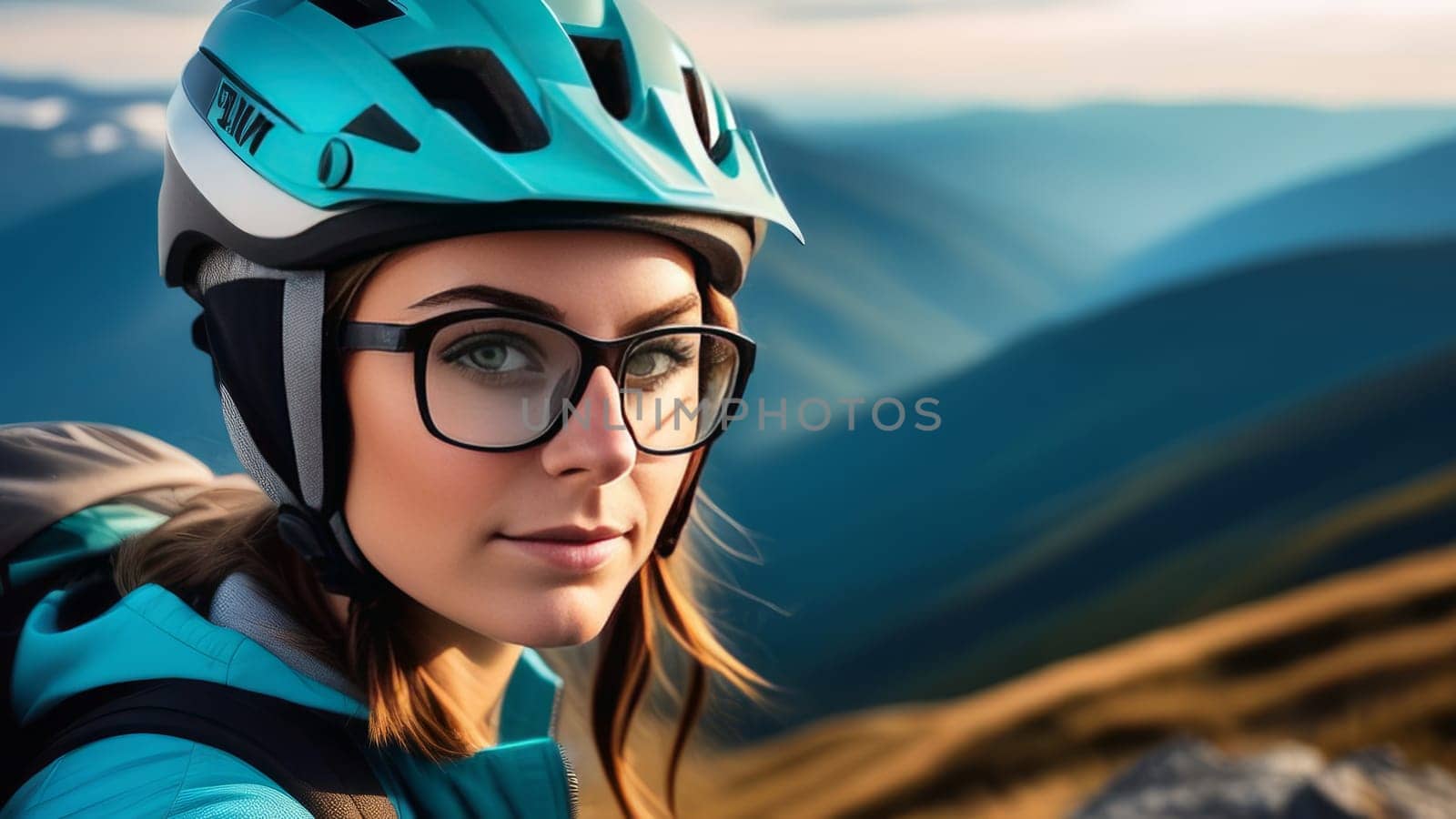 Woman wearing helmet and glasses stands confidently before towering mountain backdrop ready for adventure and exploration. She may be gearing up for bicycle ride or some other outdoor activity