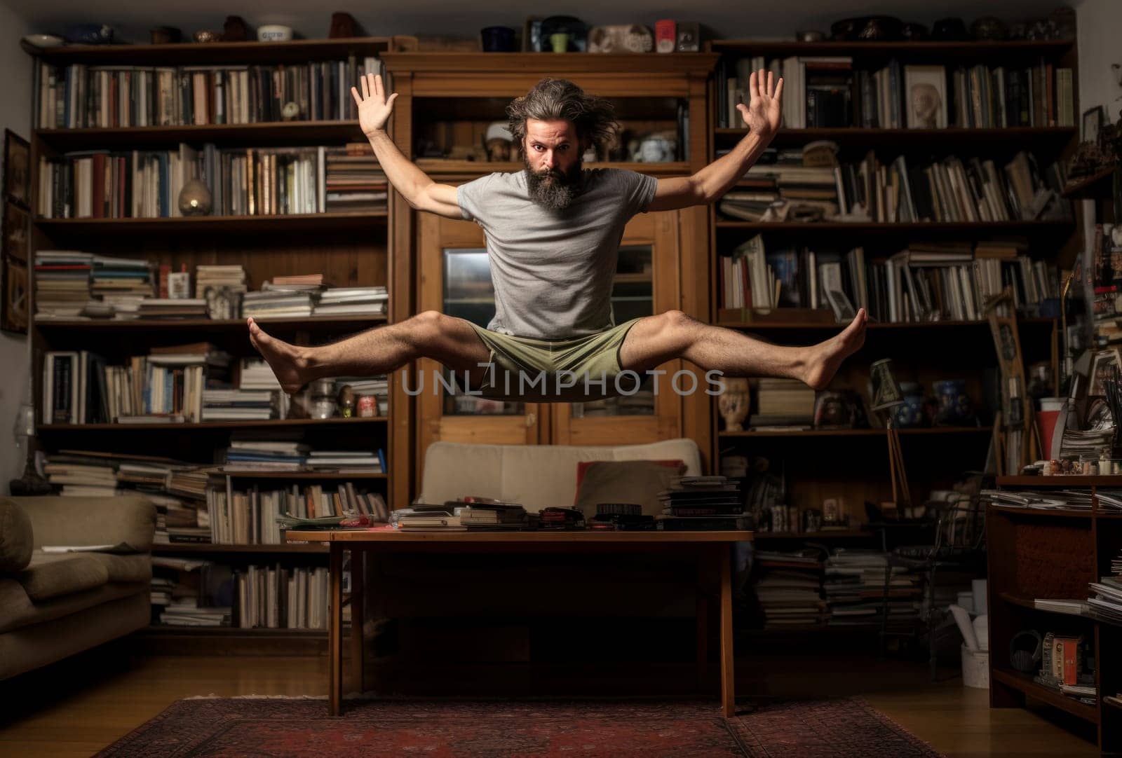 Relaxed Man home yoga pose. Generate Ai by ylivdesign